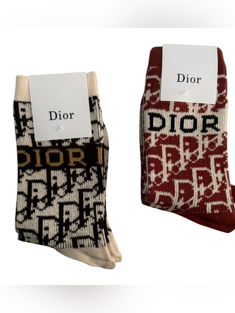 2 Pair Dior Outlet Knit Socks - Black/Cream and Burgundy/Cream
